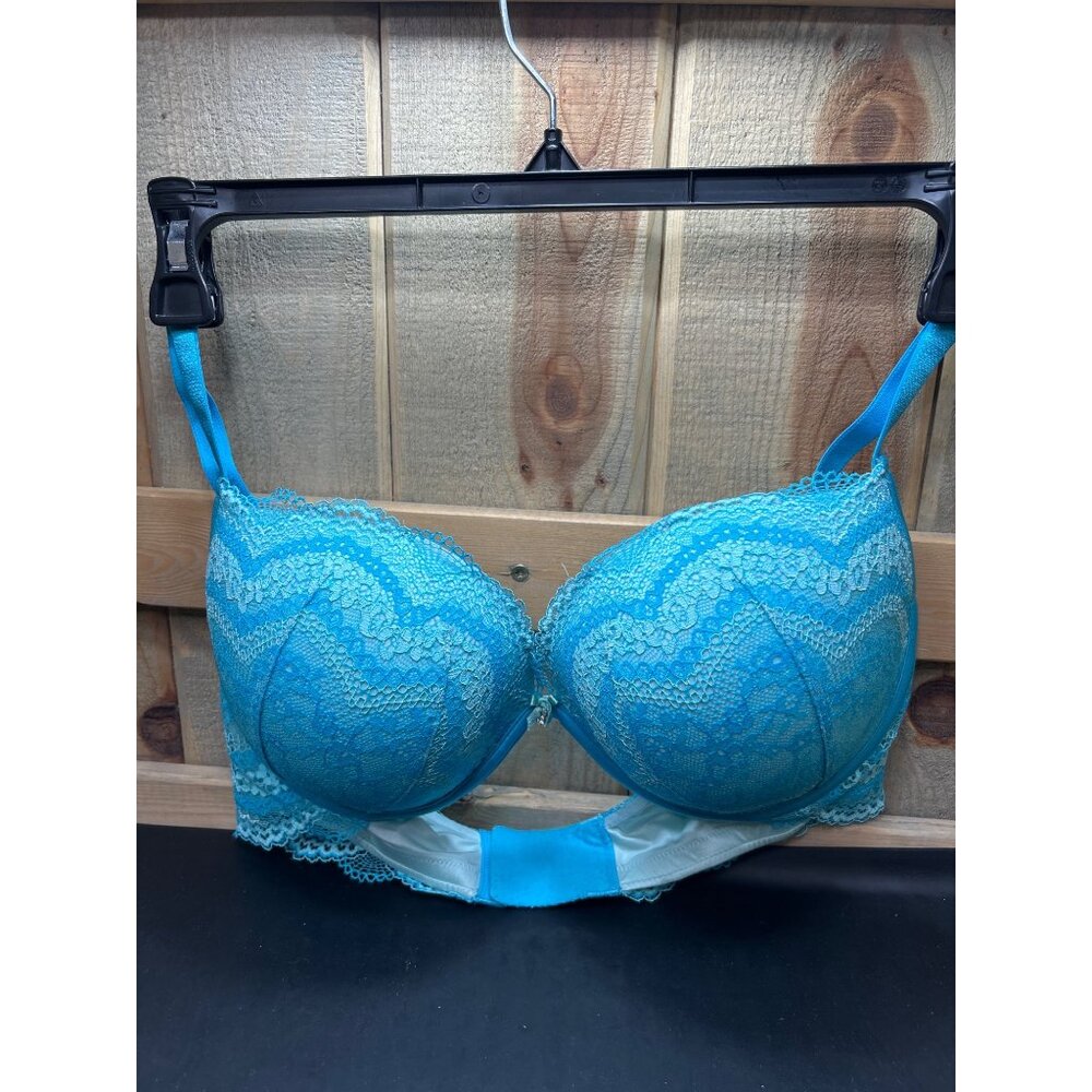 Victorias Secret 36DD Plunge Lace Push-Up Bra Blue With Rhinestone Bow Detail Ny